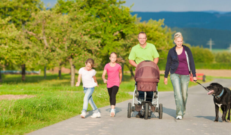 Family with kids and baby stroller walking a dog in park Family with three children (one baby lying in a baby buggy) walking down a path outdoors, there is also a dog